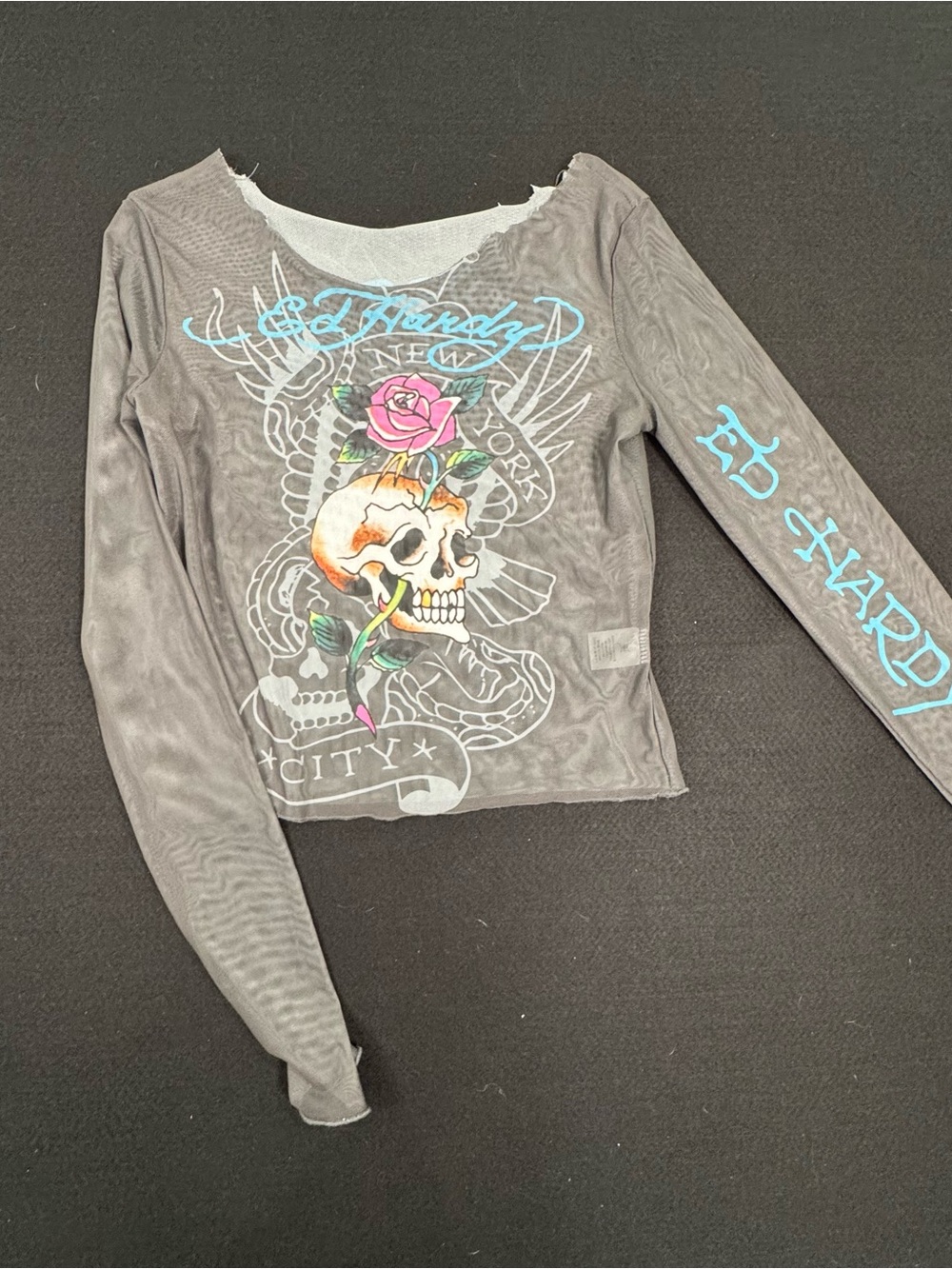 Ed Hardy Gray Mesh Long-Sleeve Crop Top with Skull, Rose & Turquoise Script